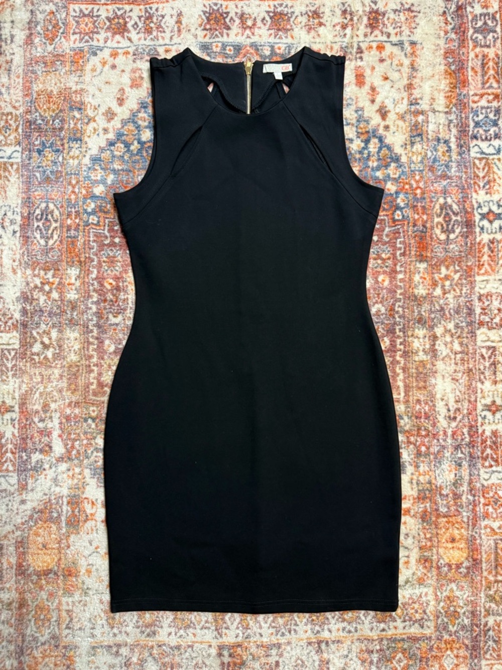 GB Gianni Bini Little Black Dress Bodycon Size L High Neck Gold Zip